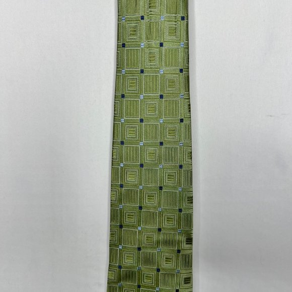 Michael Kors Men’s Necktie 3 ¾” Green Silk Textured Squares & Blue Dots - Picture 2 of 11